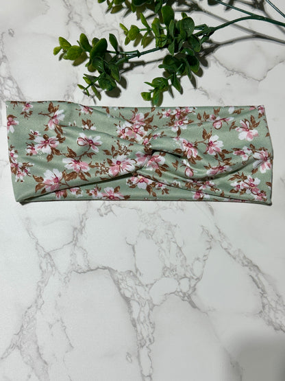 Pink/White Flowers on Green Twist Headband