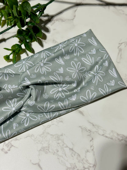 White Doodle Flowers on Sage Twist Headband