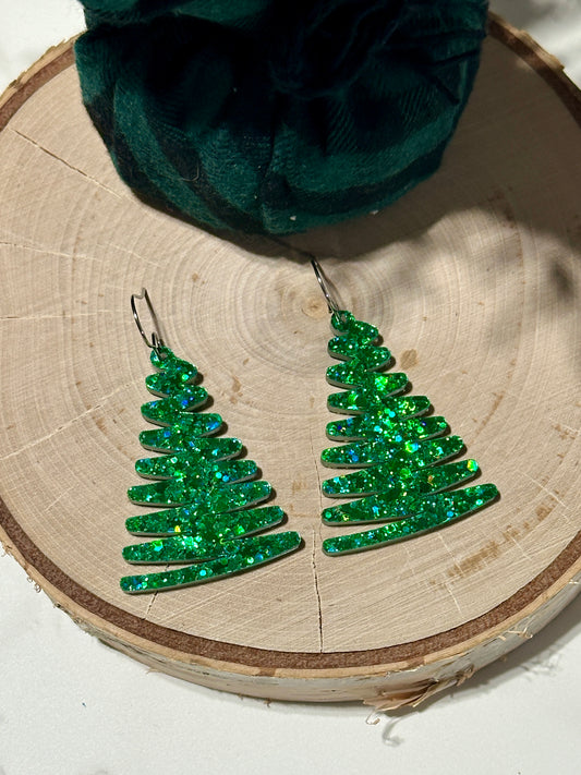 Squiggly 1.75” Tree Earrings - Green Glitter