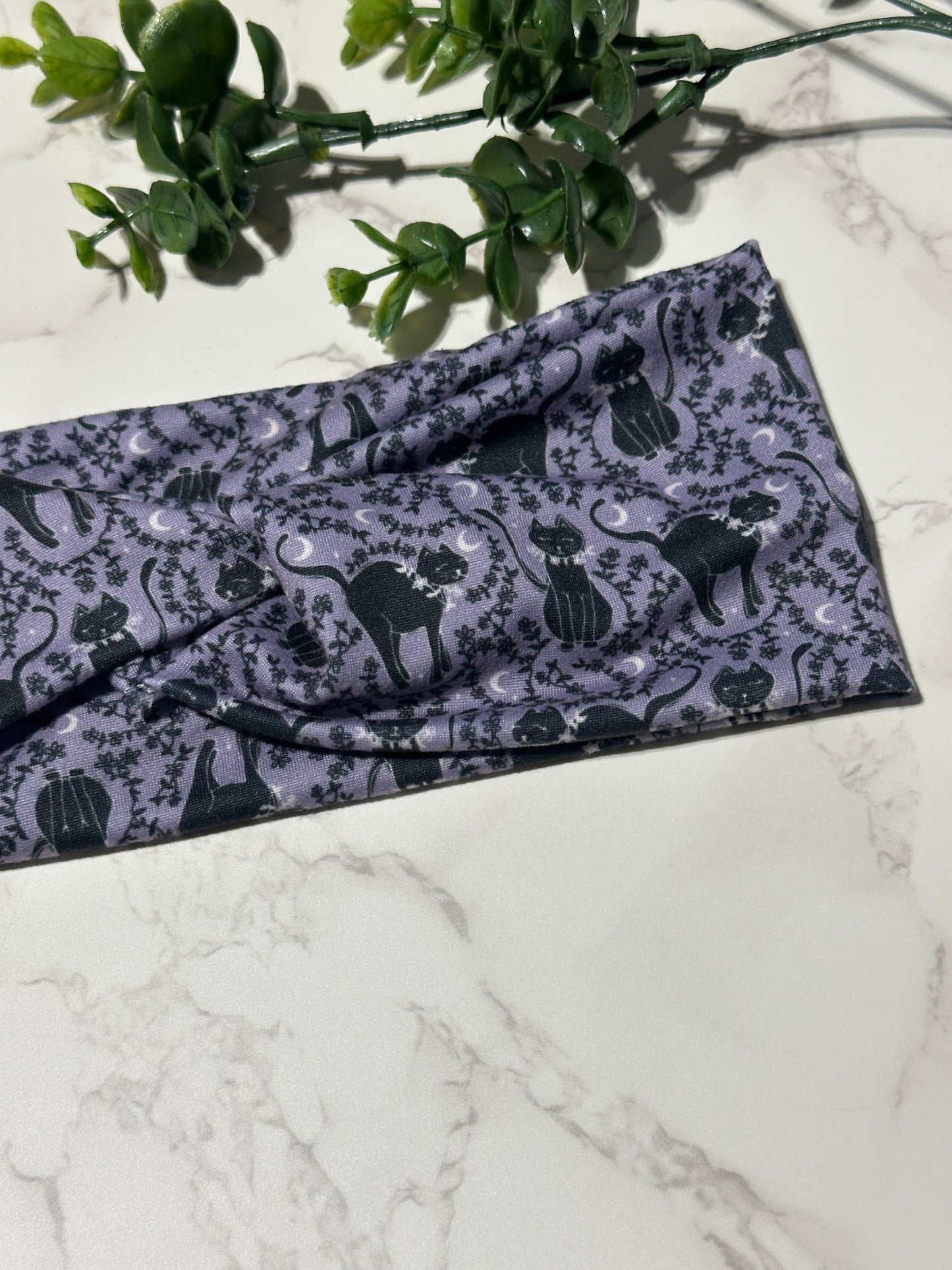 Black Cat on Purple Twist Headband