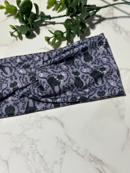 Black Cat on Purple Twist Headband