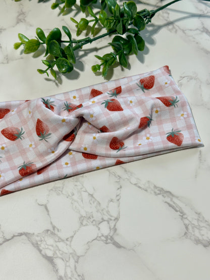 Strawberries on Pink Checkered Twist Headband