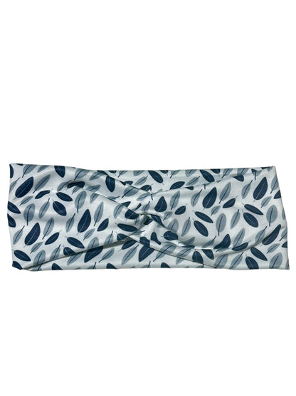 Blue Gray Leaves on White Twist Headband
