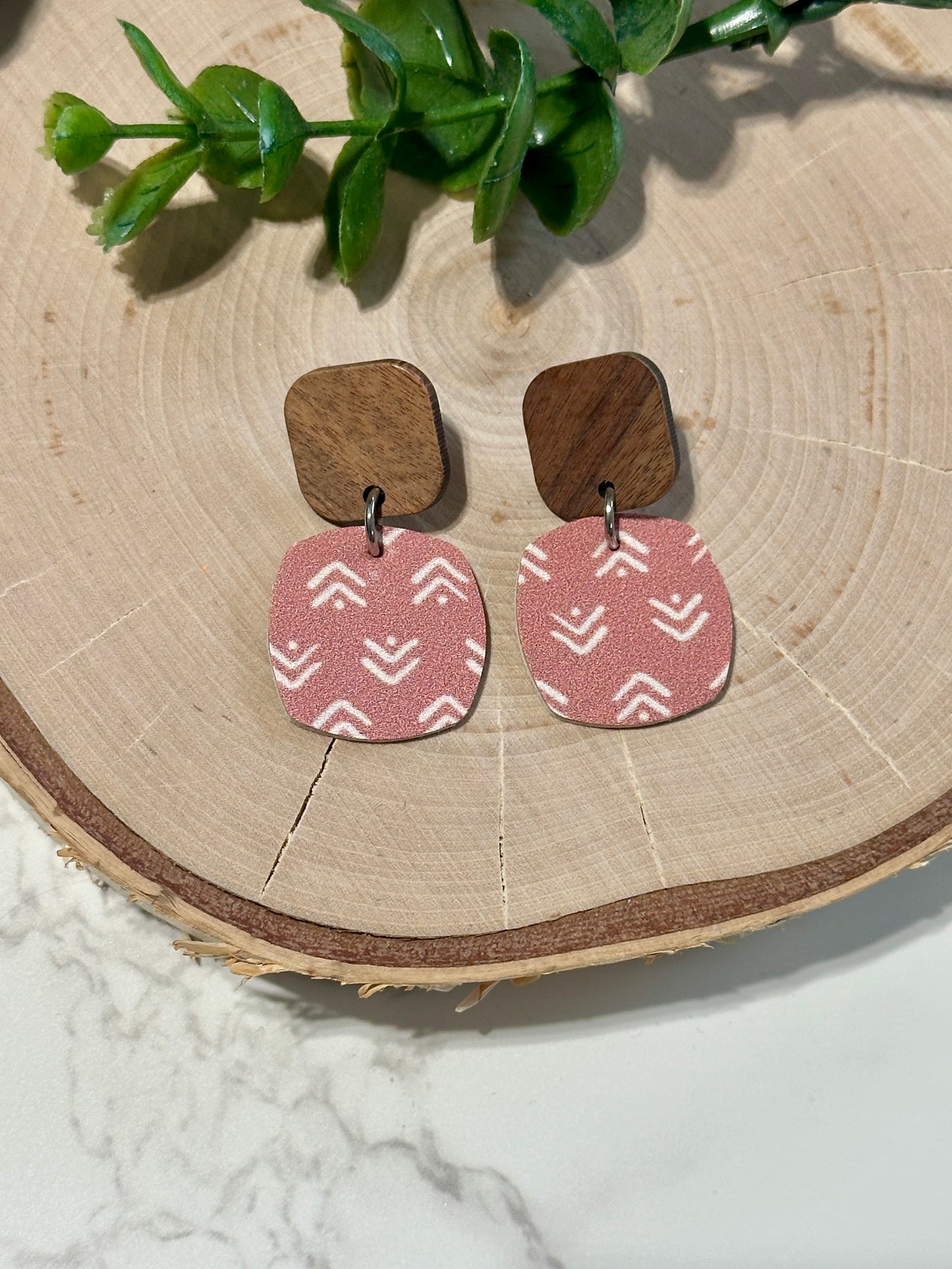 Rounded Square/Connector Earrings - Dusty Rose Boho Arrows