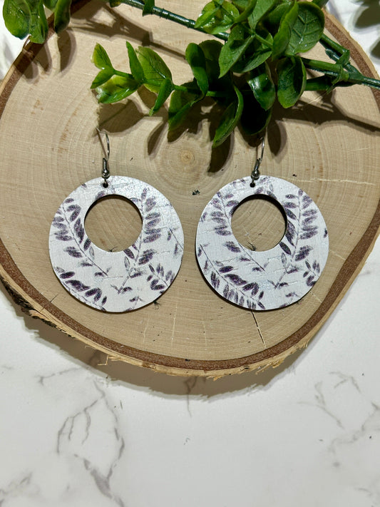 Open Circle Earrings - Black Leaves on White