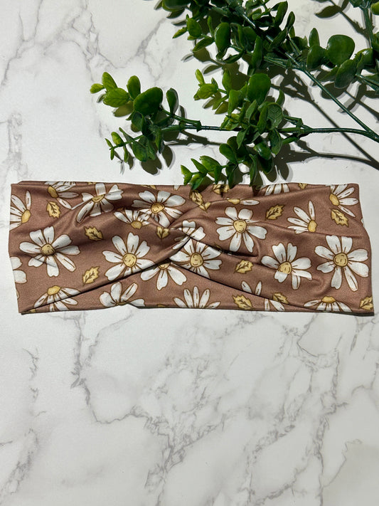 White Flowers on Brown Twist Headband
