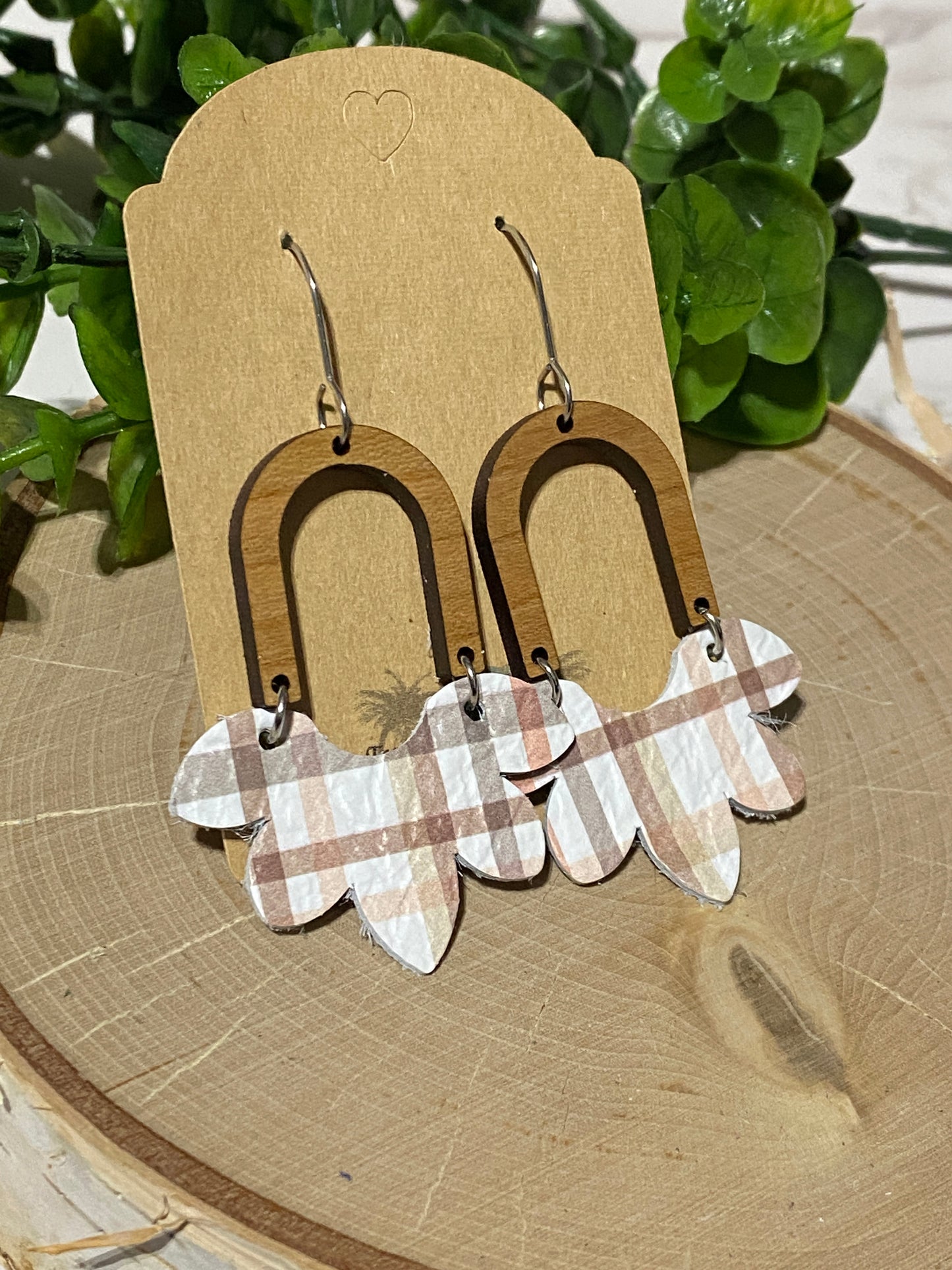 Neutral Browns Plaid - half flower/arch earrings