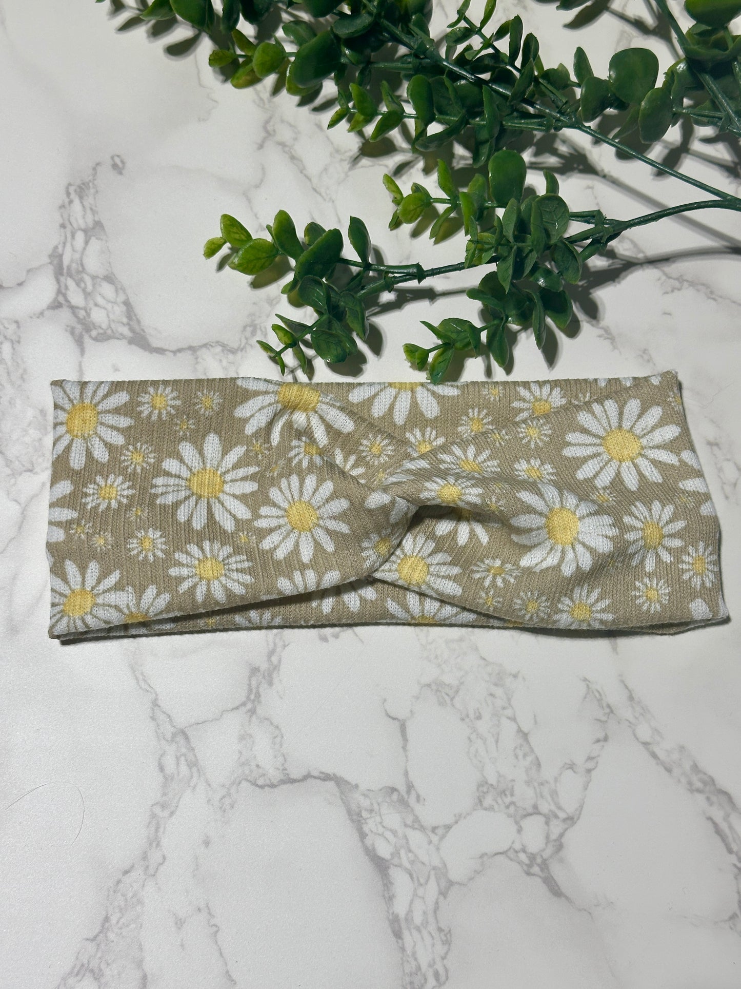 White Daisy on Tan Twist Headband