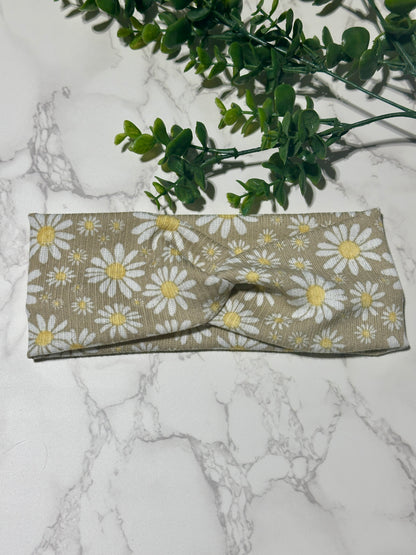 White Daisy on Tan Twist Headband