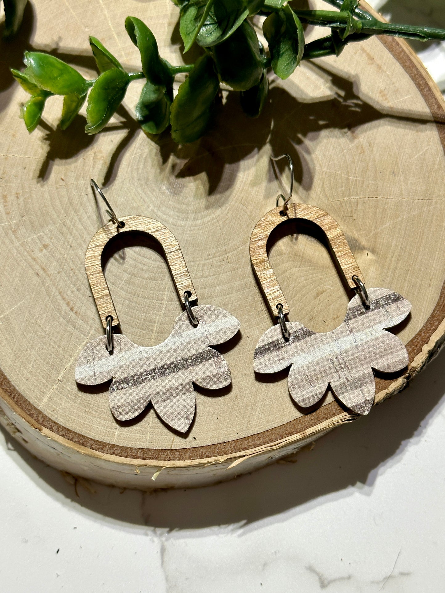 Neutral Stripes Half Flower/Wooden Arch Earrings