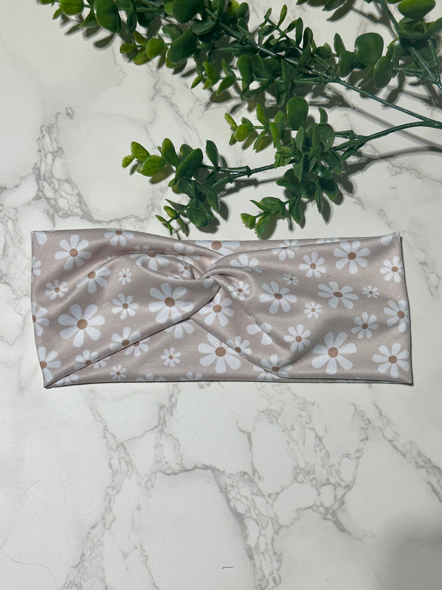 White Daisies on Light Taupe Twist Headband