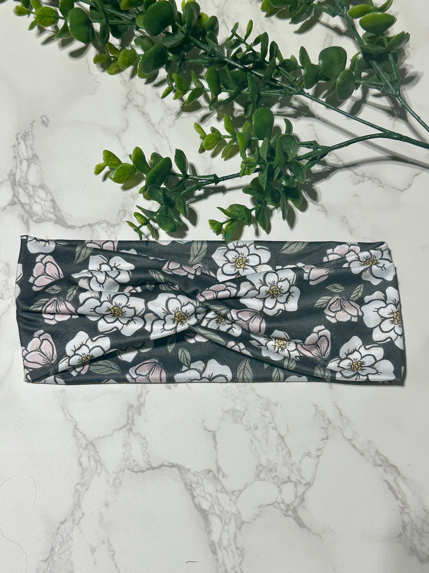 White/Pink Flowers on Dark Background Twist Headband