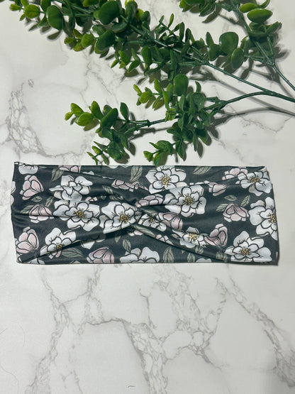 White/Pink Flowers on Dark Background Twist Headband