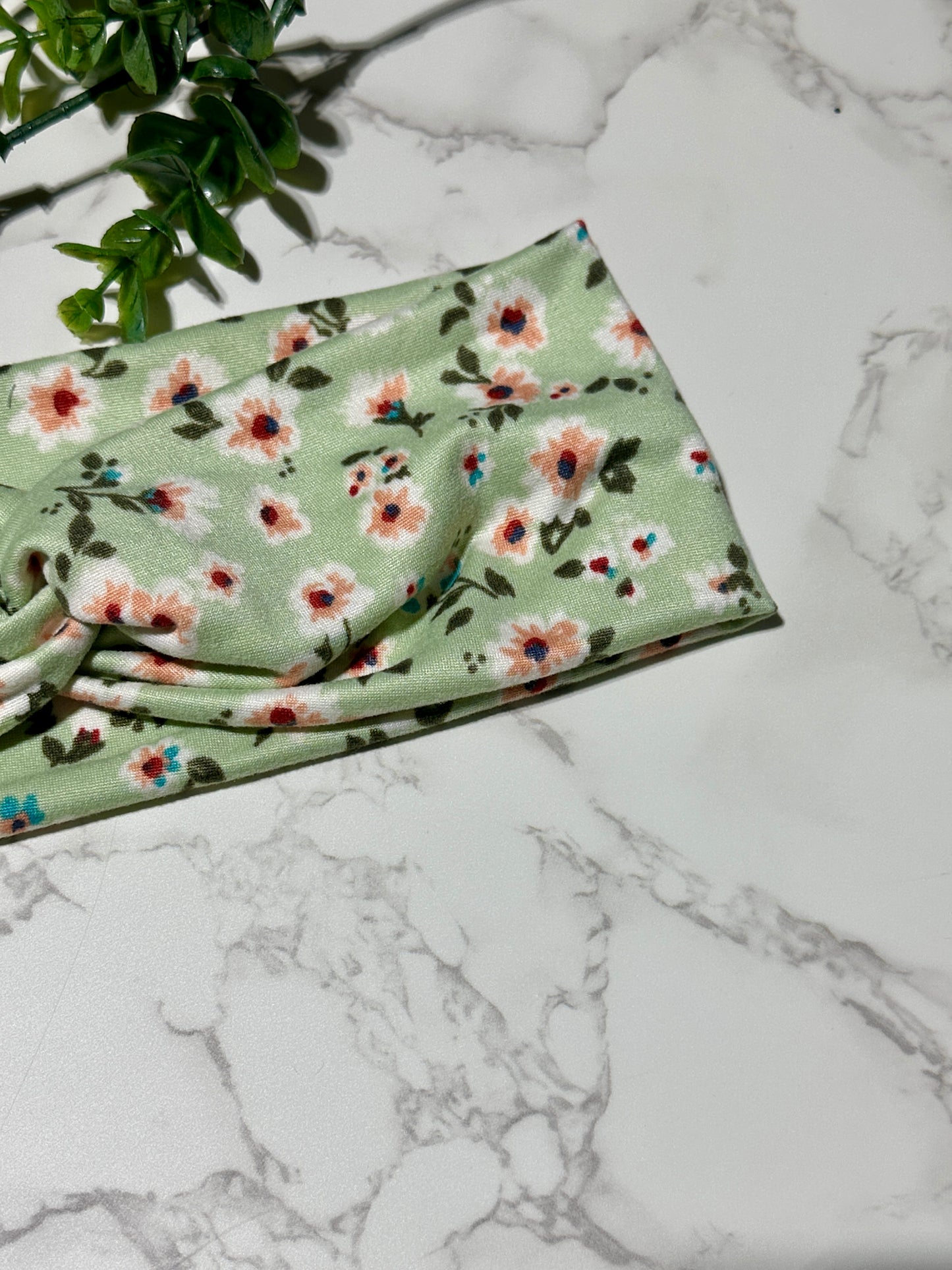 Pink Flowers on Light Sage Twist Headband