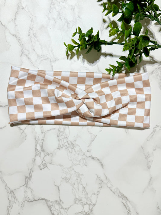 Peach/Tan Checkered Twist Headband