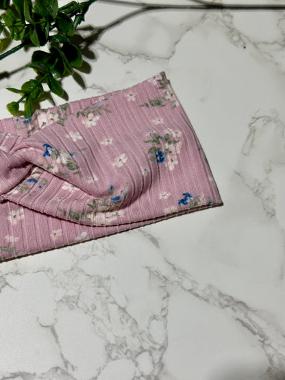 Delicate Flowers on Dusty Pink Ribbed Twist Headband