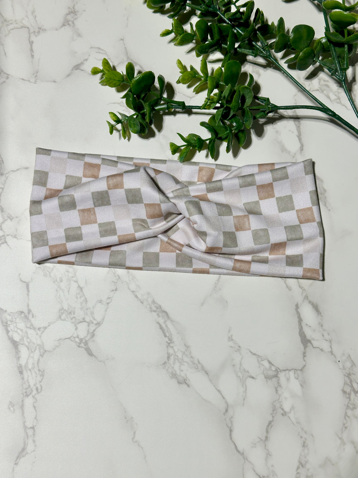 Cream and Sage Checkered Twist Headband