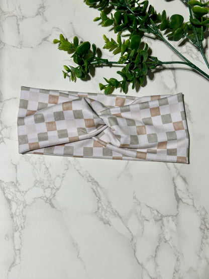 Cream and Sage Checkered Twist Headband