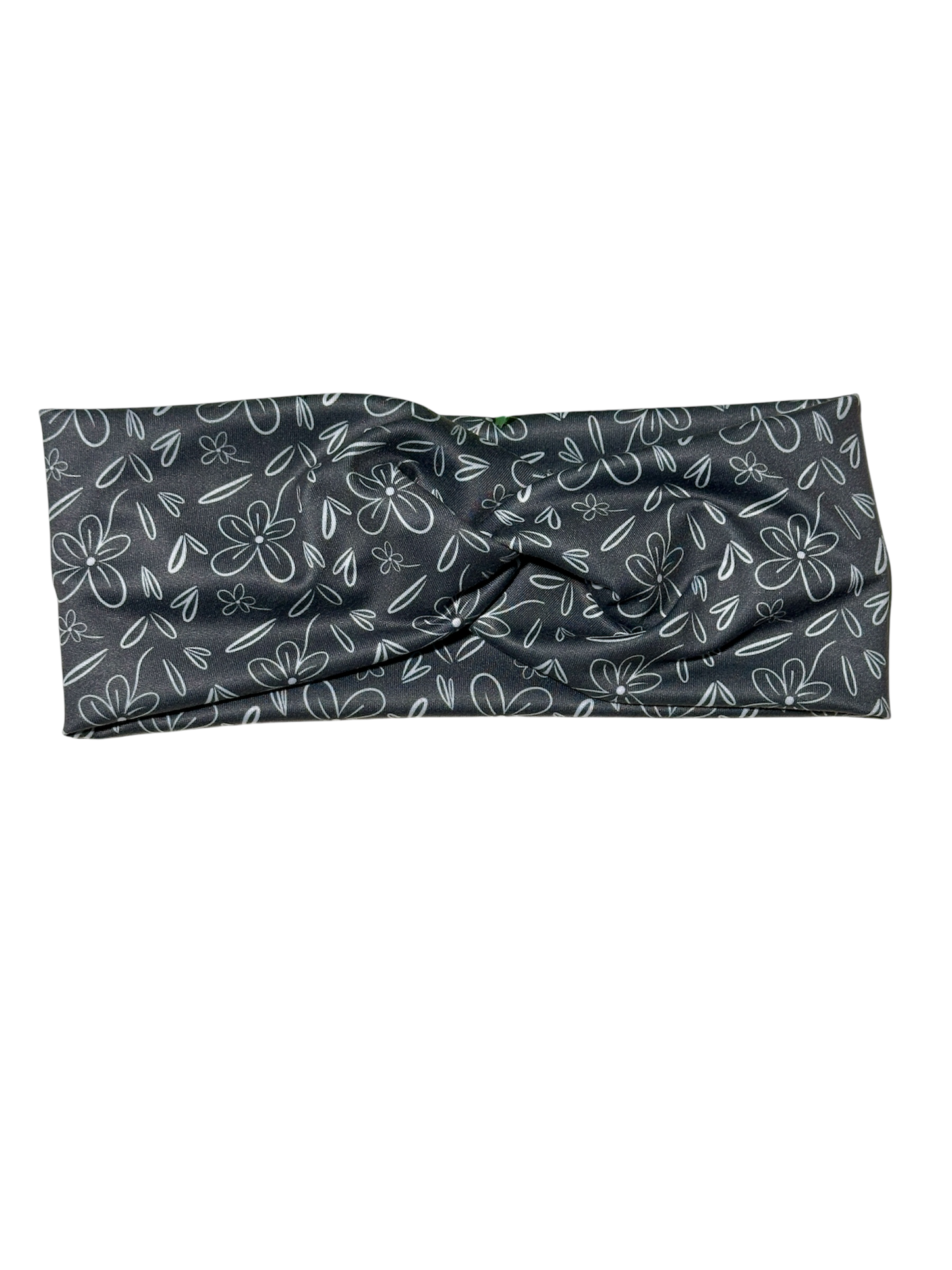 White Doodle Flowers on Dark Gray Twist Headband