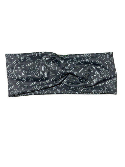 White Doodle Flowers on Dark Gray Twist Headband