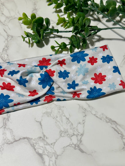 Red, White, Blue Flowers Twist Headband