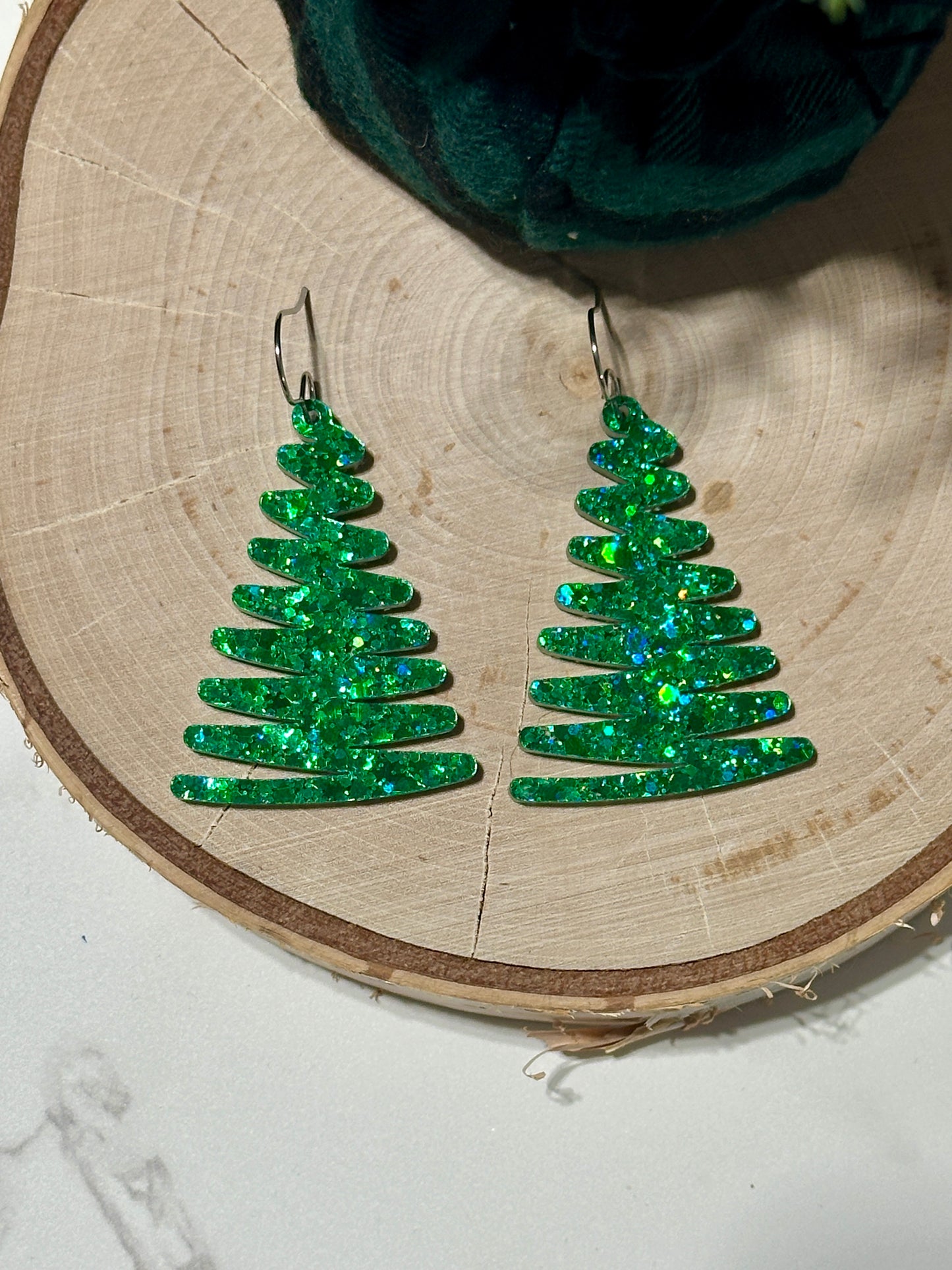 Squiggly 1.75” Tree Earrings - Green Glitter