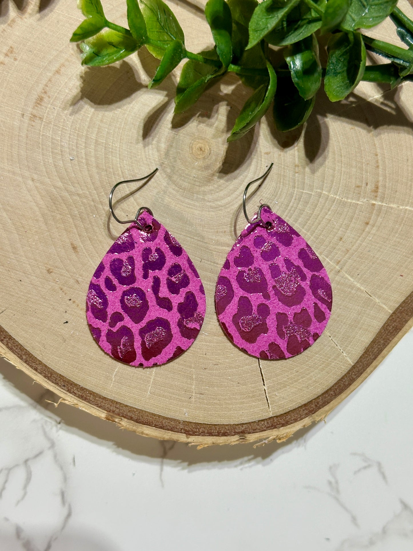 Small Teardrop Earrings - Pink Metallic Leopard