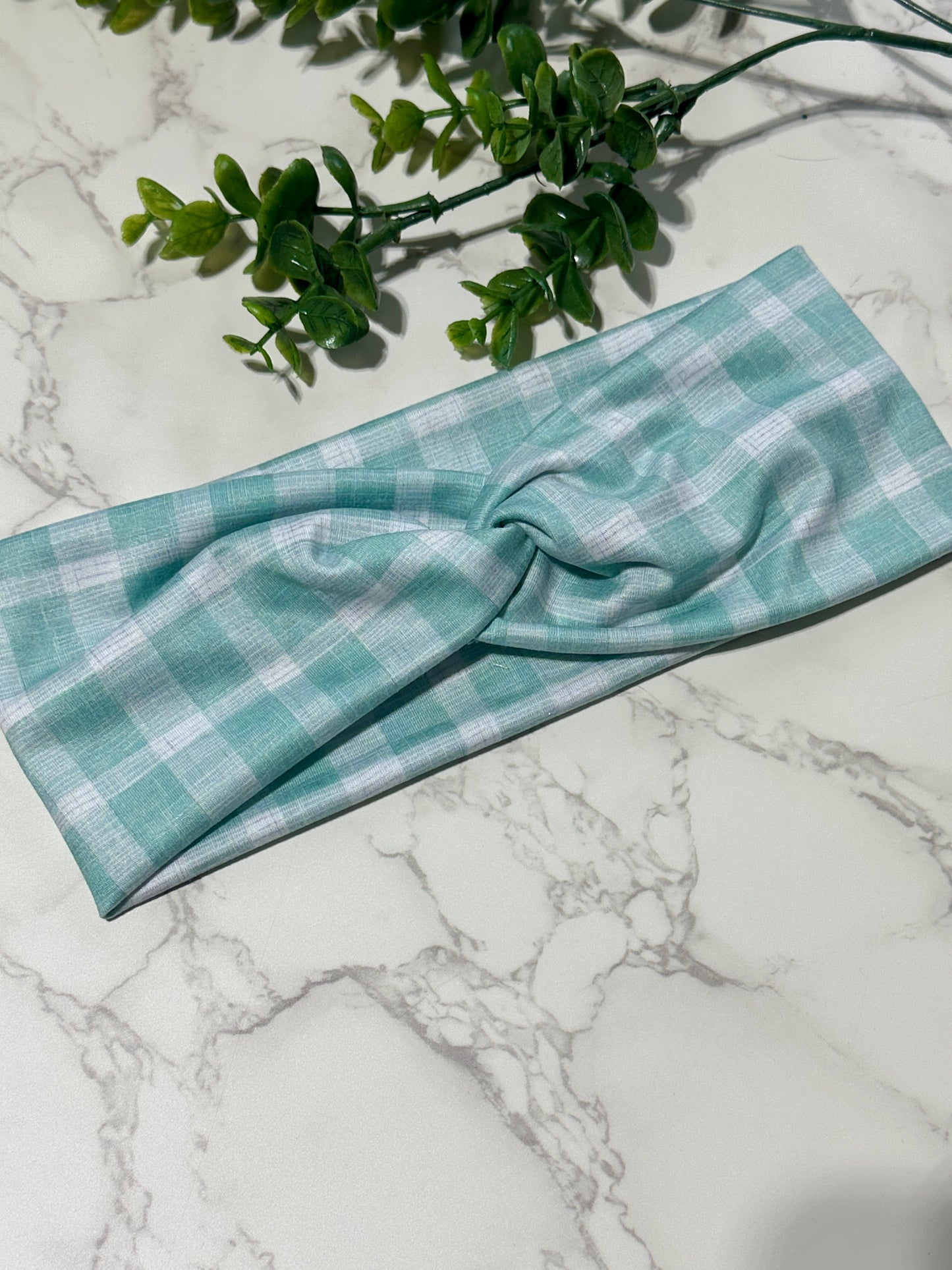 Mint Green Gingham Plaid Twist Headband
