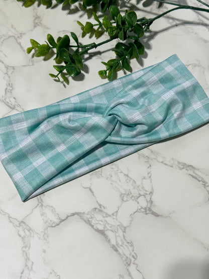 Mint Green Gingham Plaid Twist Headband