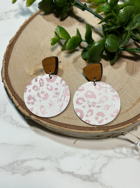 Pink Leopard Circle/Wooden Post Earrings