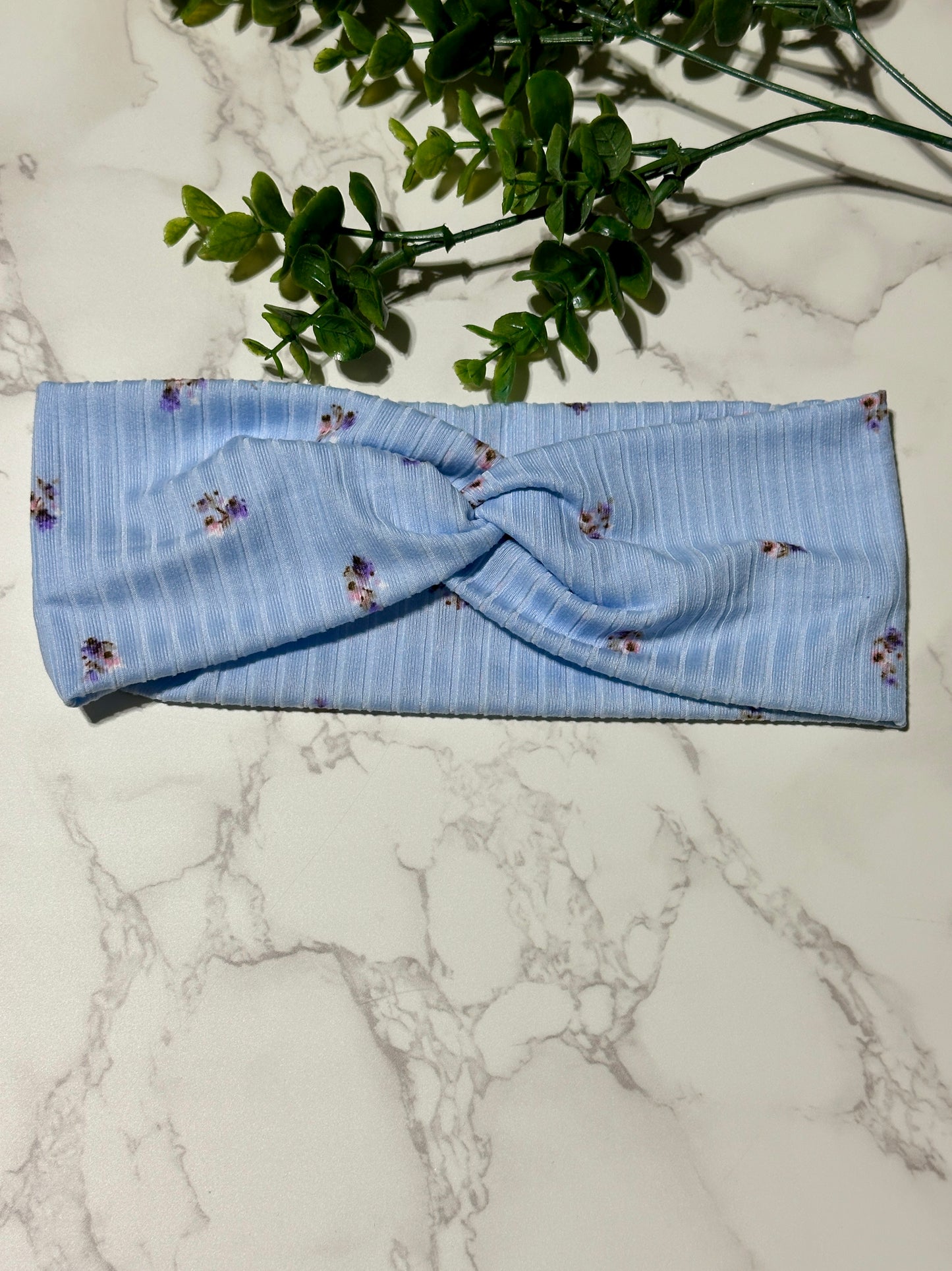 Delicate Flowers on Light Blue Ribbed Twist Headband