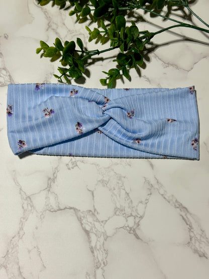 Delicate Flowers on Light Blue Ribbed Twist Headband