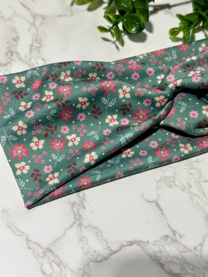 Flowers on Meadow Green Twist Headband