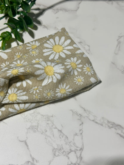 White Daisy on Tan Twist Headband