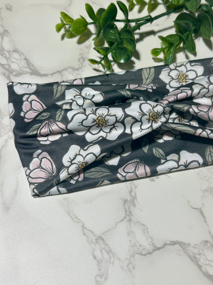 White/Pink Flowers on Dark Background Twist Headband