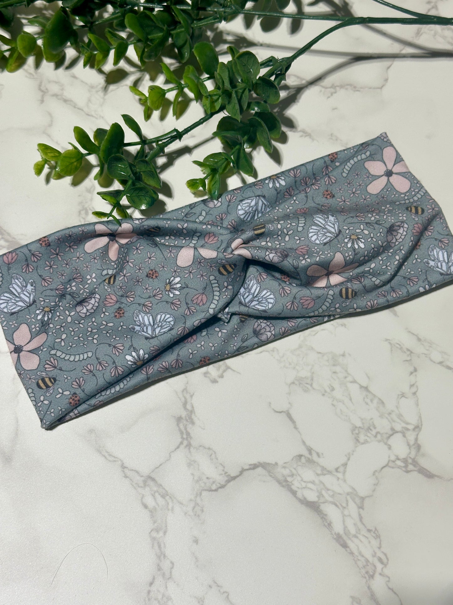 Bees and Flowers on Sage Twist Headband
