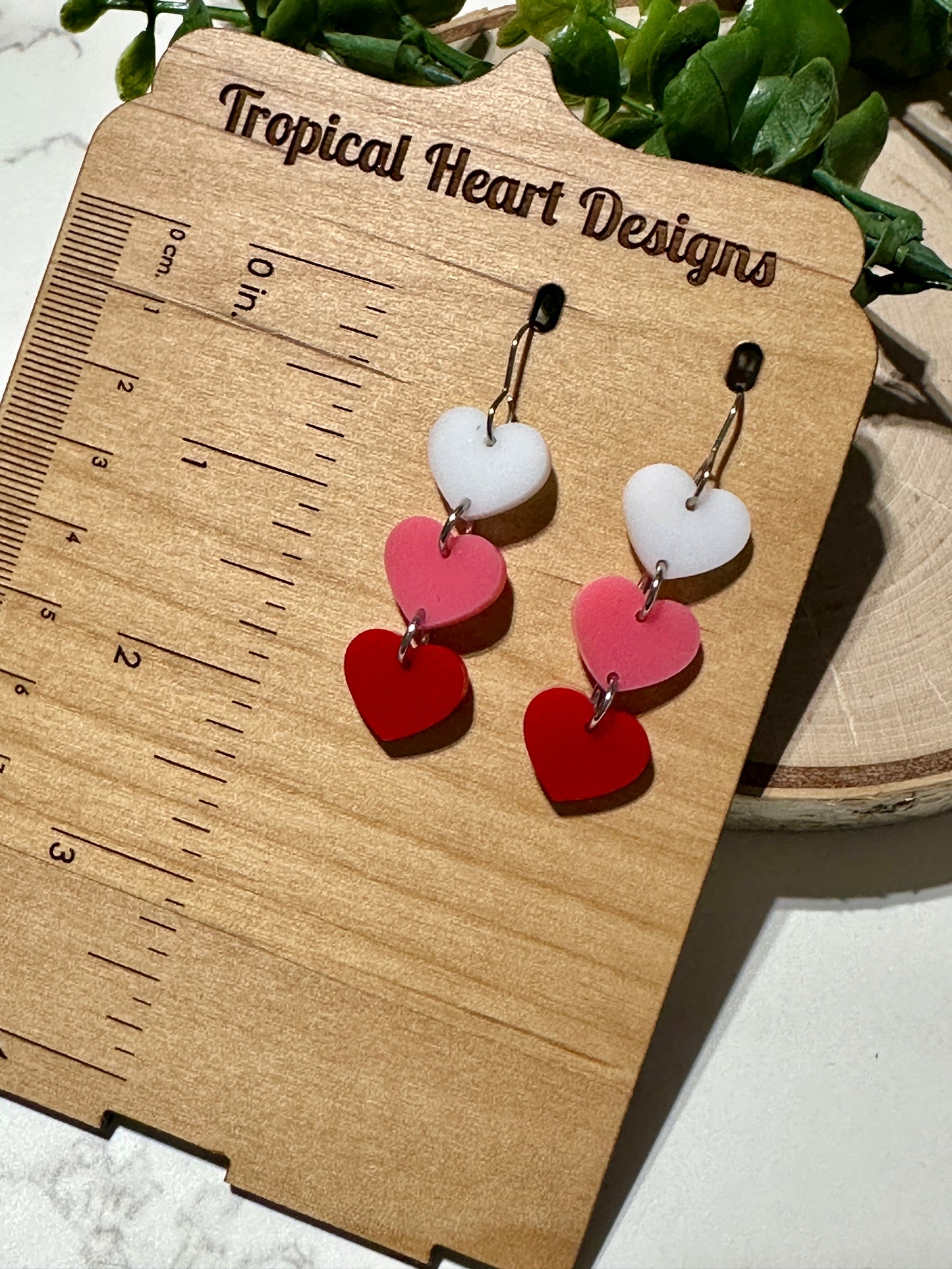 White, Pink, Red Triple Layer Heart Earrings