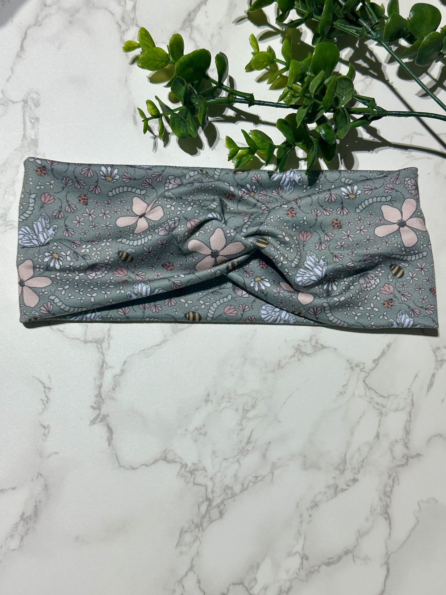 Bees and Flowers on Sage Twist Headband