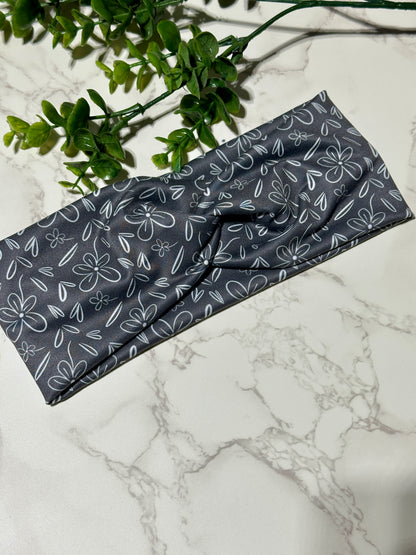 White Doodle Flowers on Dark Gray Twist Headband