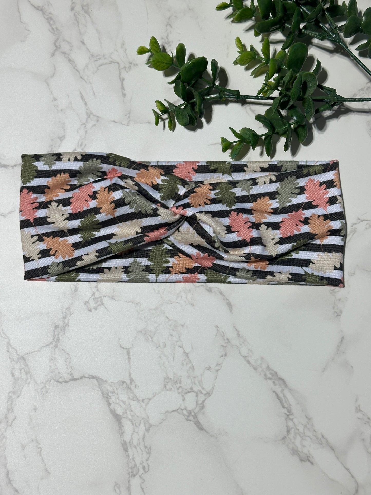 Fall Leaves on Stripes Twist Headband