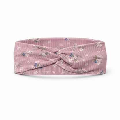 Delicate Flowers on Dusty Pink Ribbed Twist Headband