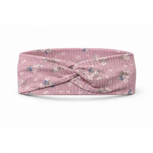 Delicate Flowers on Dusty Pink Ribbed Twist Headband