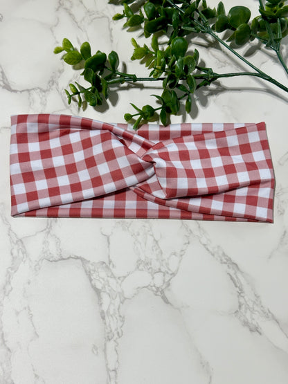 Checkered/Gingham Twist Headband - Brick