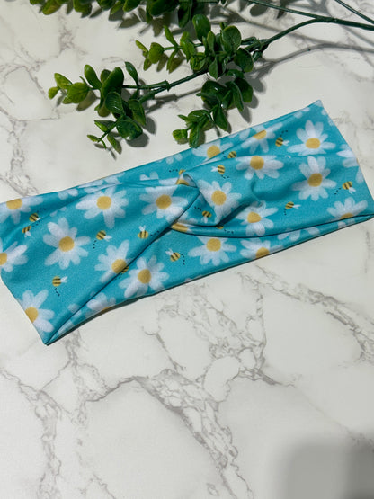 Daisies on Turquoise Twist Headband