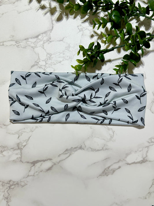 Black Leaves on Grey Twist Headband