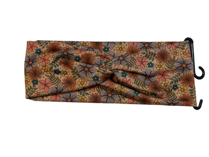 Colorful Flowers on Dark Taupe Twist Headband