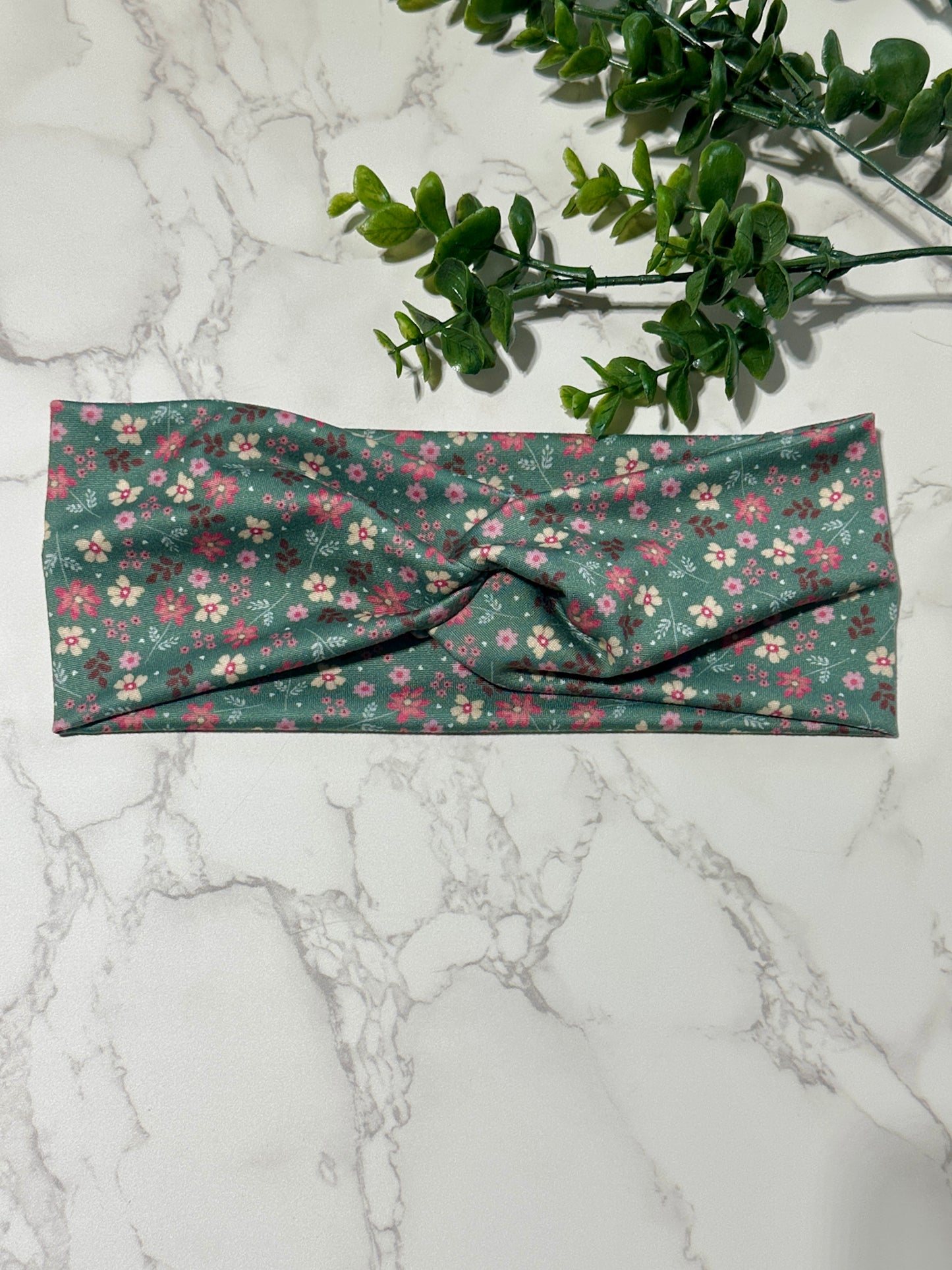 Flowers on Meadow Green Twist Headband