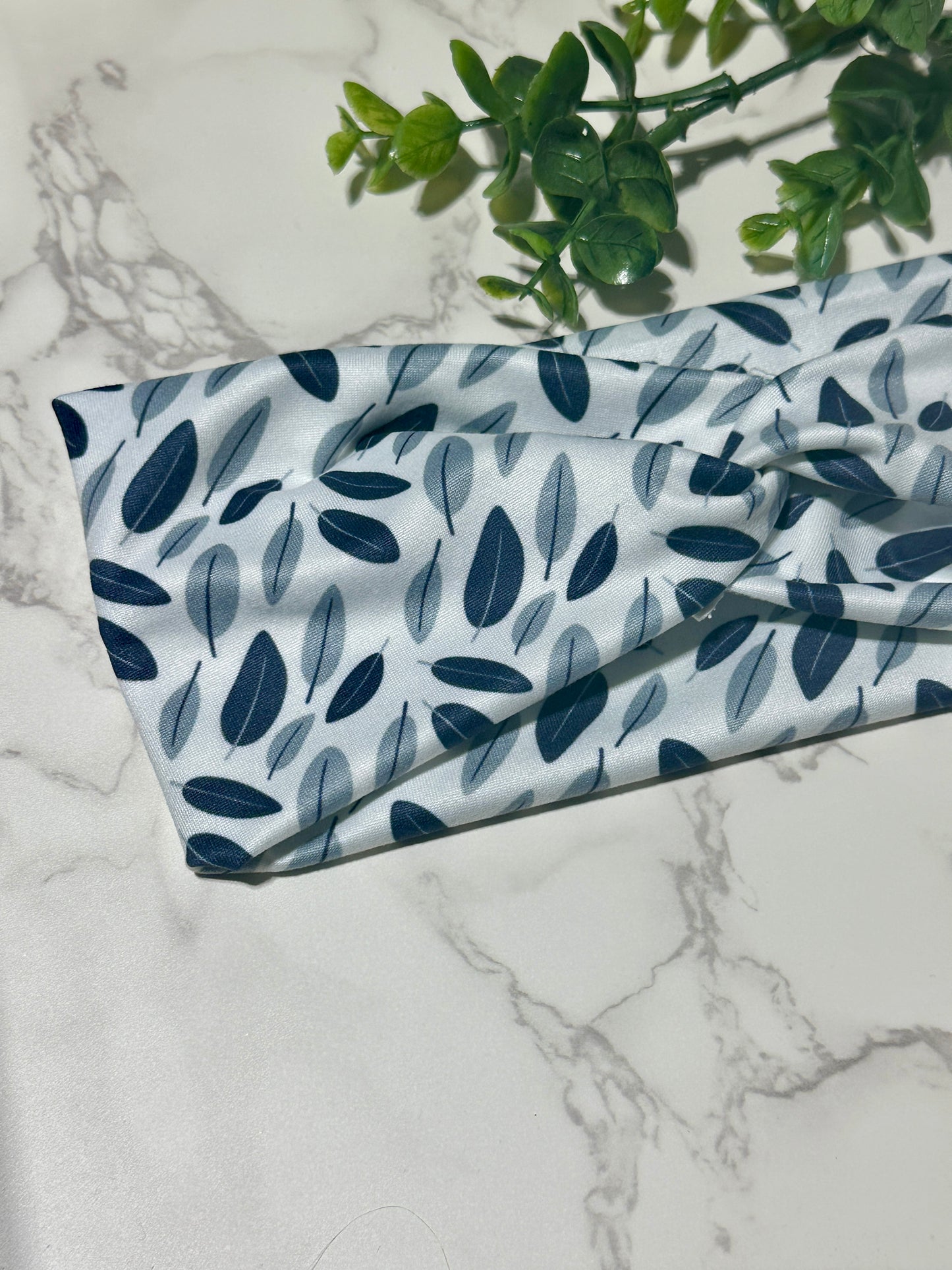 Blue Gray Leaves on White Twist Headband