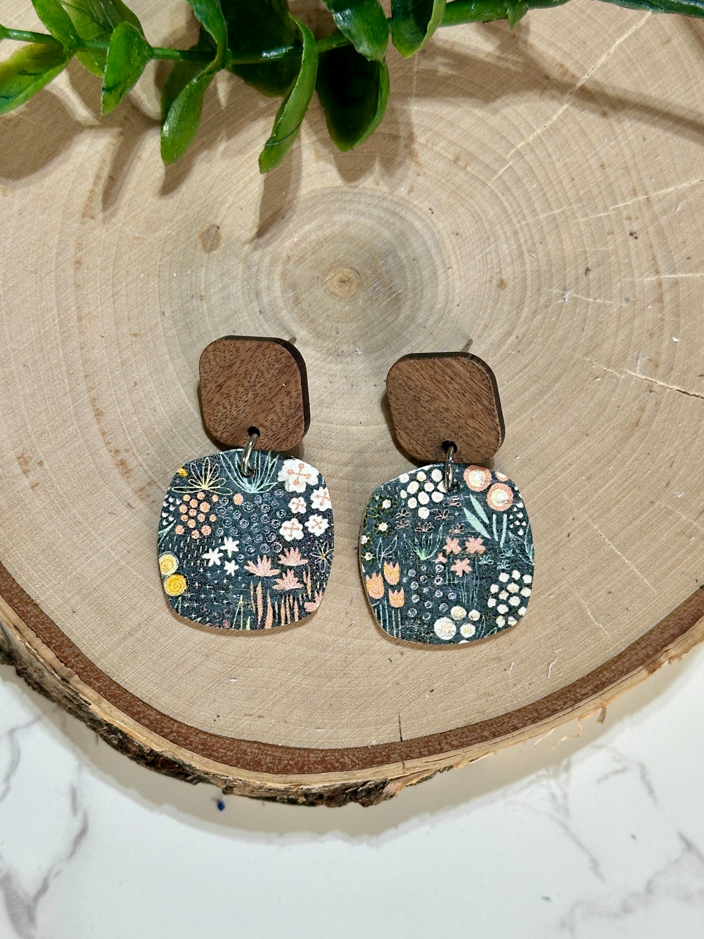 Rounded Square/Connector Earrings - Flowers on Grey