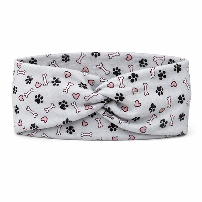 Paw Prints and Bones on Light Blue Gray Twist Headband